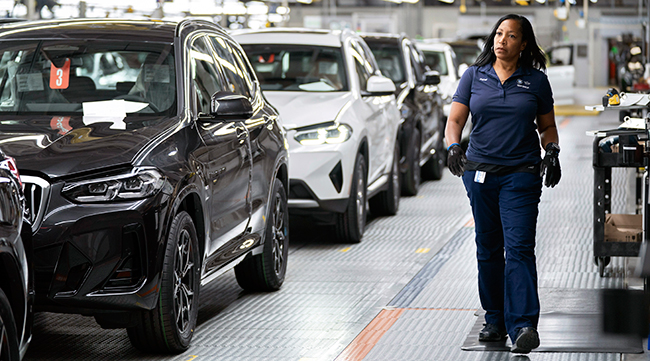 An employee works in the X3, X45 assembly hall at the BMW Spartanburg plant