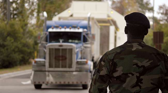 Truck approaching military entrance