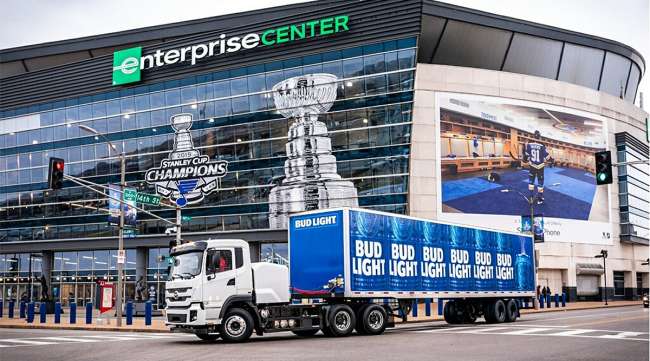 A BYD delivery truck arrives at Enterprise Center in St. Louis.