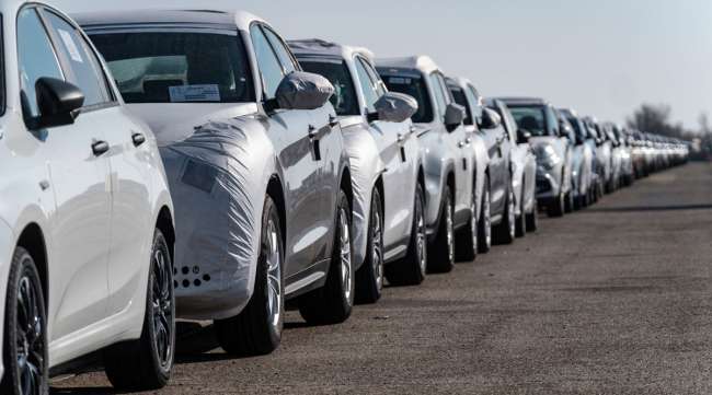 A line of Alfa Romeo Stelvio vehicles sit at the Port of Marseille in France. (Bloomberg News)