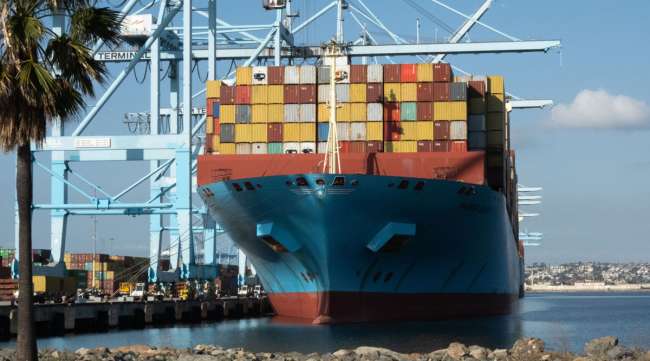 The Maersk Essex cargo ship sits docked at the Port of Los Angeles in March. (Bing Guan/Bloomberg News)