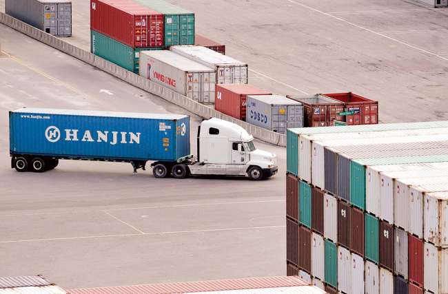 Truck with a Hanjin container at port