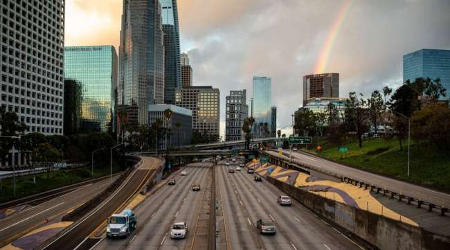 Traffic is lighter than usual coming into downtown Los Angeles on March 23.