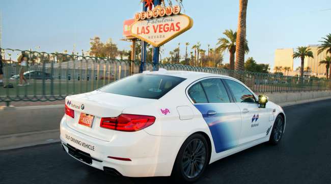 A BMW vehicle outfitted with Motional technology drives in Las Vegas, where the venture is partnered with Lyft.