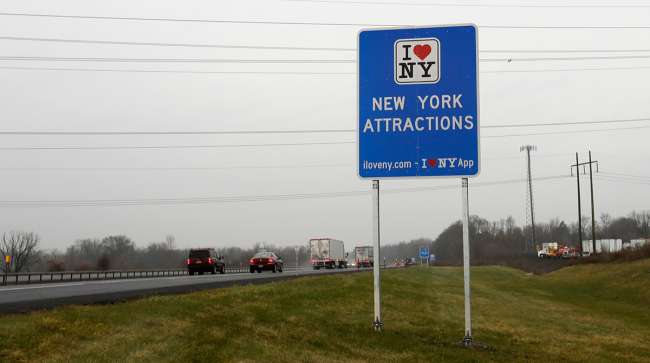 An "I Love NY" sign on the New York State Thruway
