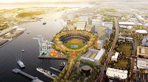 An artist's rendering of what a ballpark would look like at the Howard Terminal site