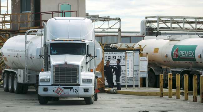 Tanker trucks at storage and dispatch terminal of Petroleos Mexicanos