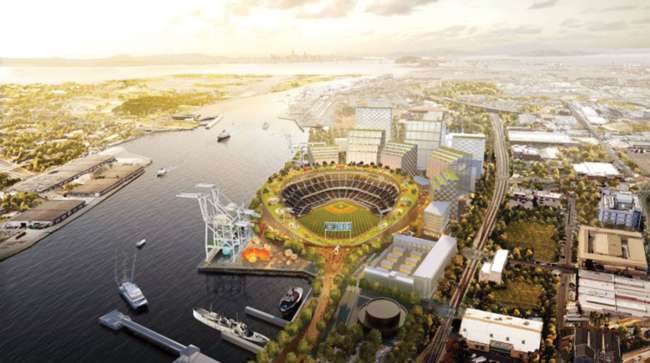 Rendering of the proposed ballpark at Port of Oakland's Howard Terminal.