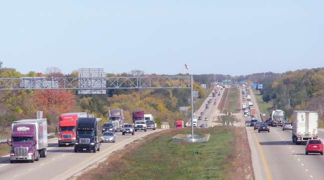 Trucks travel on Interstate 39/90 between Madison and Beloit in south-central Wisconsin