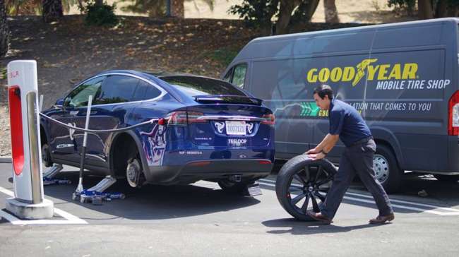 Goodyear installing tires equipped with wireless sensors to Tesloop's Model X known as "bravo".