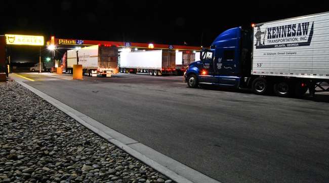 Trucks fuel at a California truck stop
