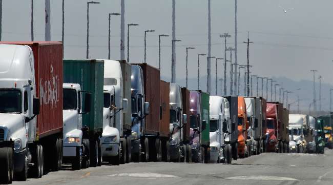 Trucks in line to unload at Port of Oakland