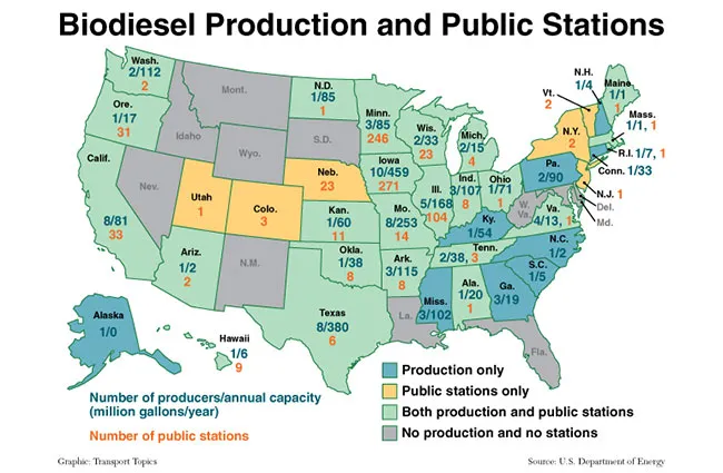 U.S. biodiesel production and public stations map 