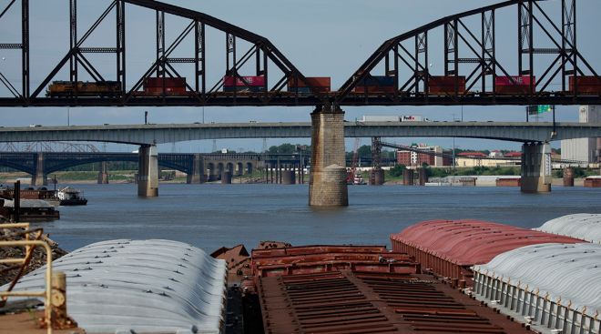 A Union Pacific Railroad train crosses the Mississippi River