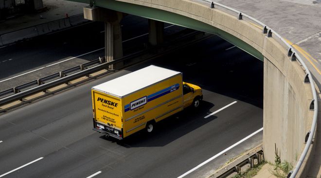 A Penske rental truck travels on Interstate 395 in Alexandria, Va.