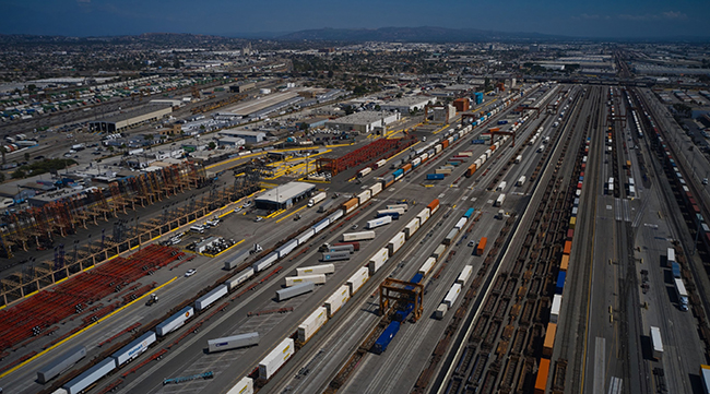 Shipping containers at the Union Pacific Los Angeles rail terminal