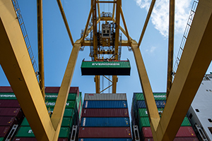 A crane unloads a container