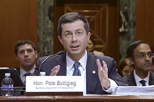Transportation Secretary Pete Buttigieg testifying before the Senate Appropriations Committee