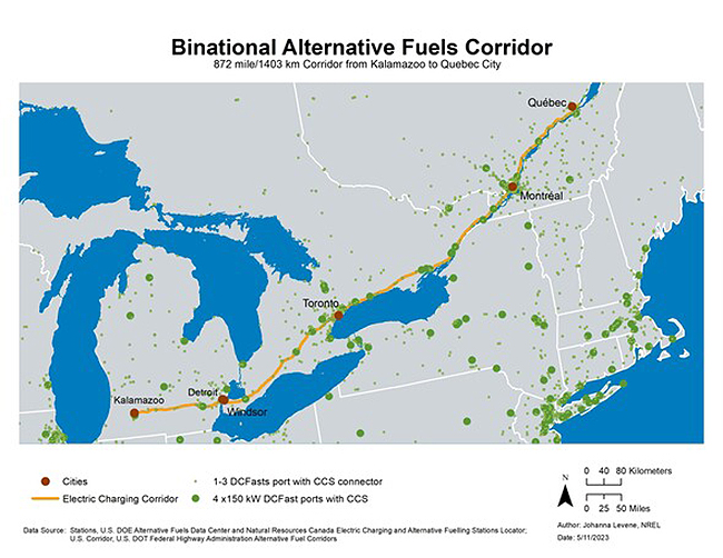 Map of U.S.-Canada EV corridor