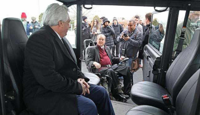 Peter Alviti Jr., director of Rhode Island's DOT, sits in the new May Mobility autonomous vehicle during a launch event in Providence, R.I., in February 2019.