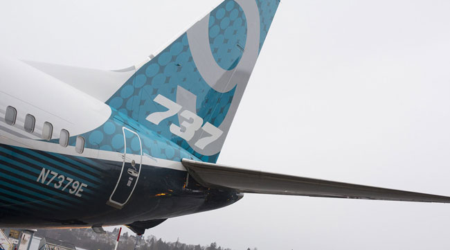 The tail of a Boeing 737 Max 9 jetliner sits at the company's manufacturing facility in Renton, Wash., in March 2017.