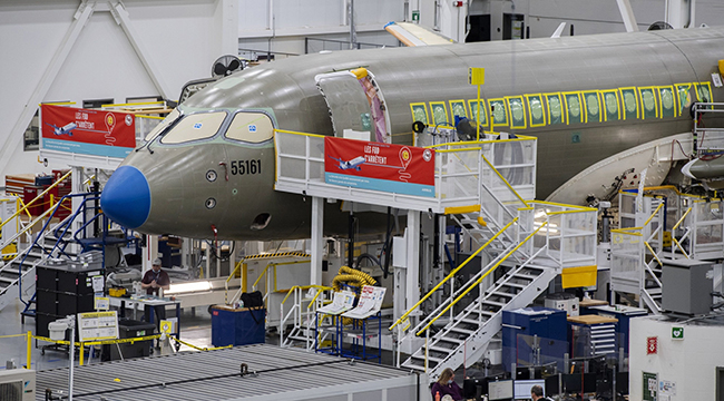 An Airbus A220 at the Airbus Canada LP assembly and finishing site in Mirabel, Quebec, Canada