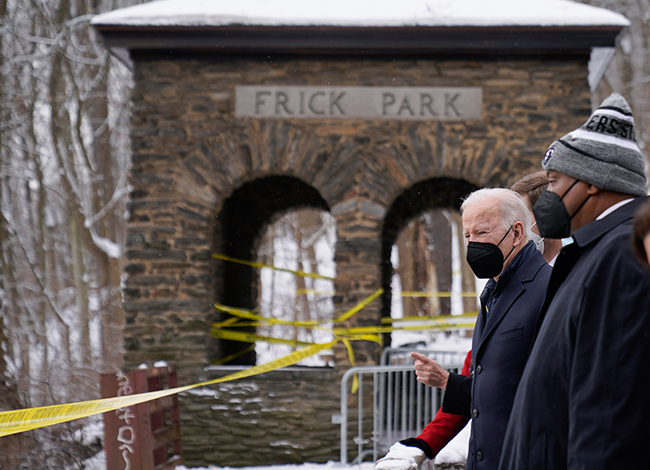 President Joe Biden at the site of the Fern Hollow Bridge collapse