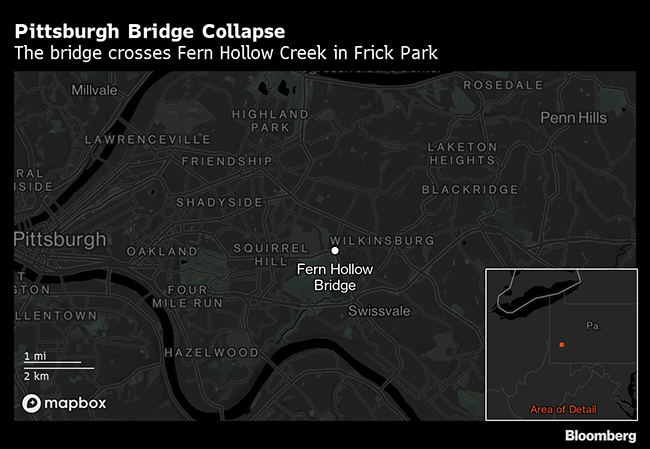 Map showing location of collapsed bridge in Pittsburgh