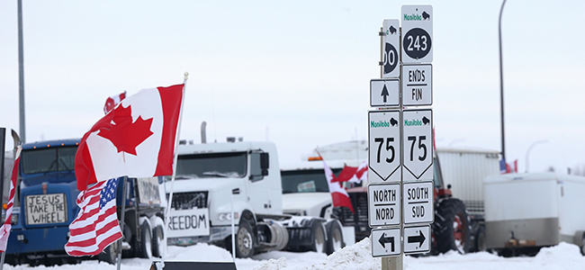  Trucks blockade the U.S.-Canada border crossing during a demonstration in Emerson, Manitoba, Feb. 13.