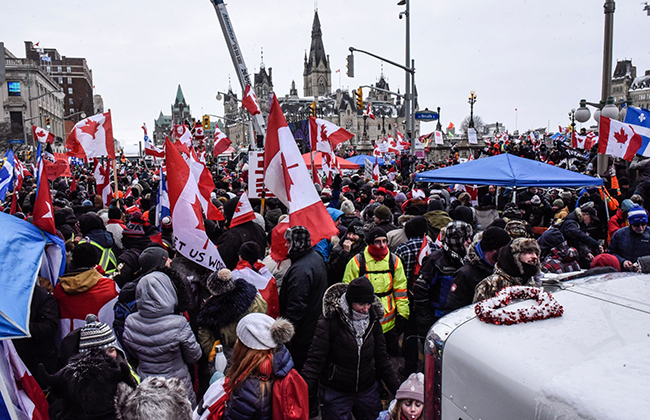 Protesters during a demonstration near Parliament Hill in Ottawa on Feb. 12.