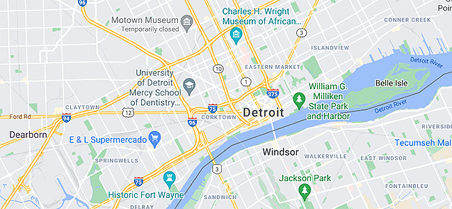 Google map showing area of Corktown in Detroit