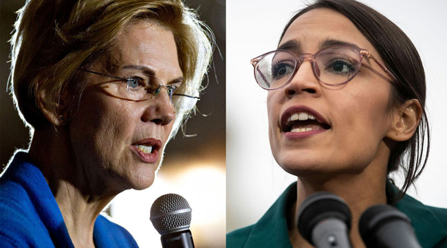 Elizabeth Warren and Alexandria Ocasio-Cortez. (Bloomberg News)