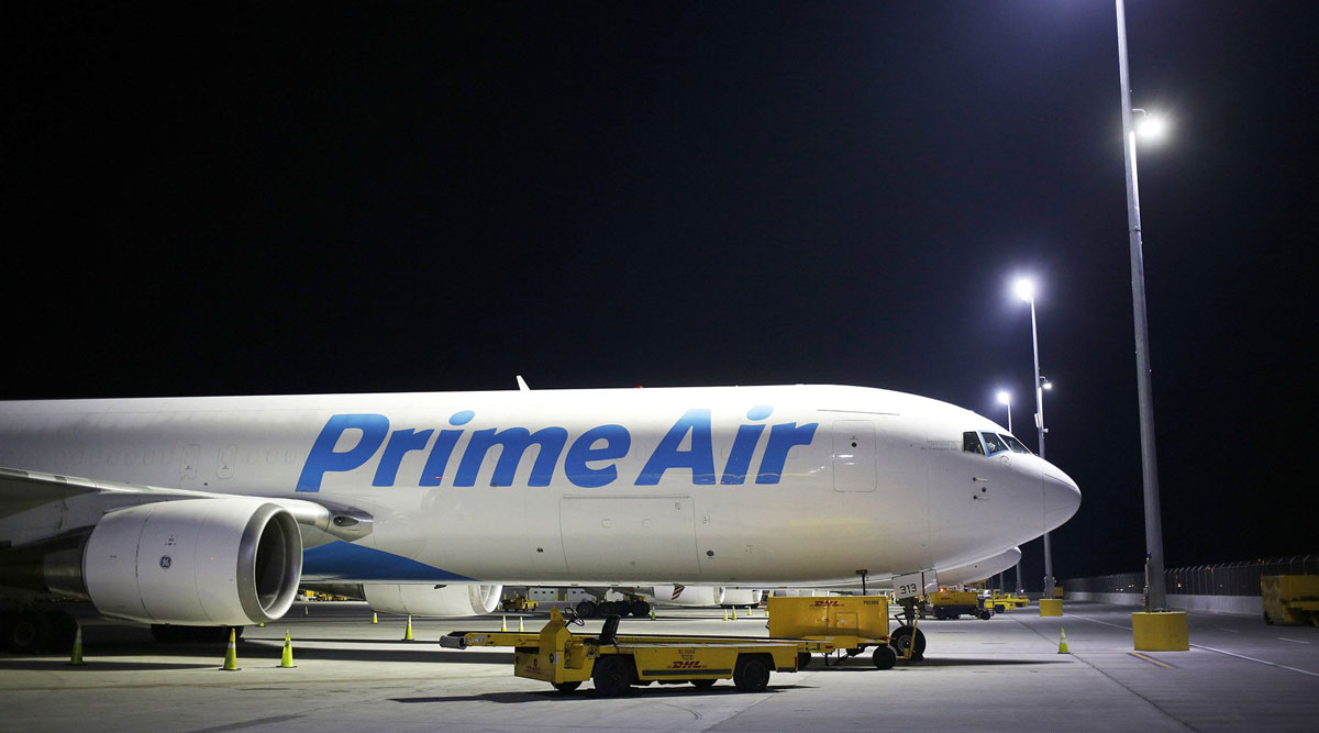 An Amazon Prime Air cargo jet sits at Cincinnati/Northern Kentucky International Airport in Kentucky.