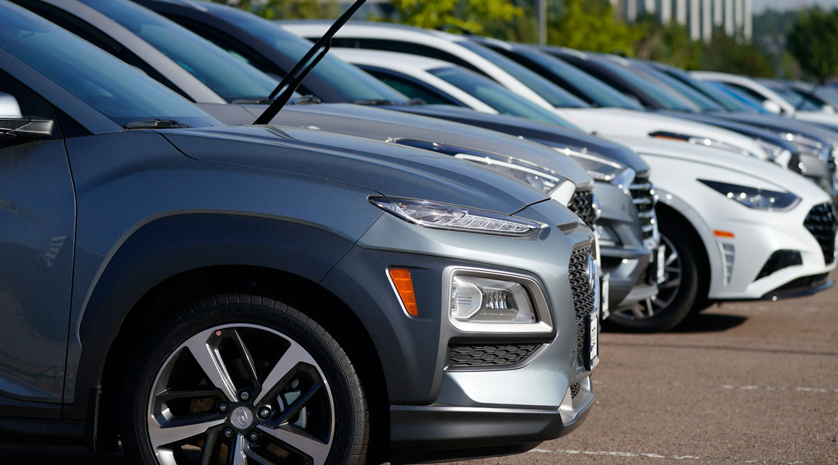A line of 2020 Hyundai models sits in a storage lot in Colorado on Sept. 3.