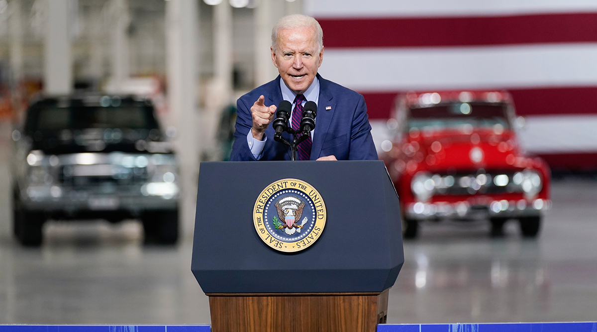 President Joe Biden speaks at the Ford Rouge EV Center