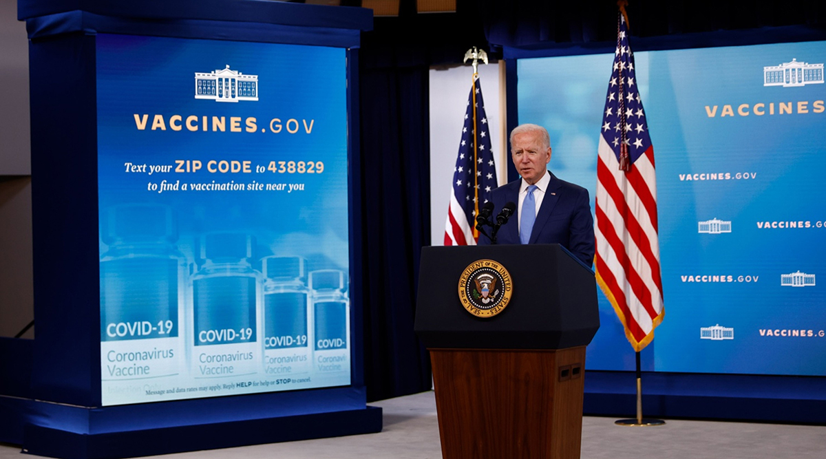 President Joe Biden speaks about the COVID-19 vaccination program at the Eisenhower Executive Office Building.