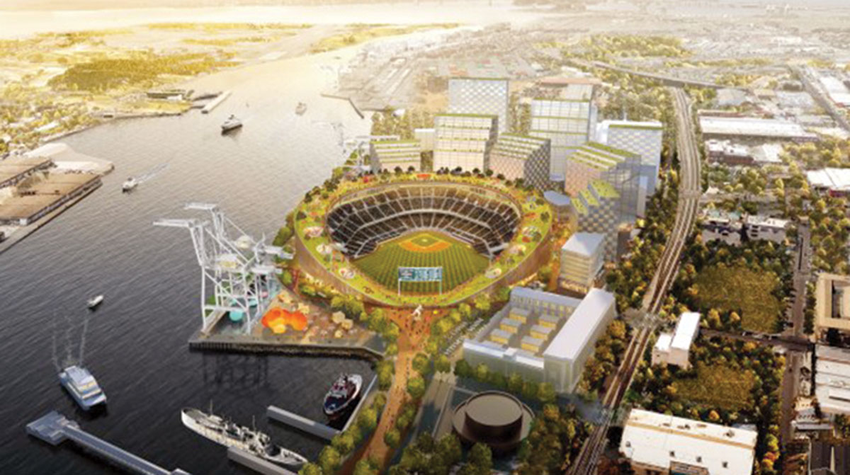 Rendering of proposed ballpark at Port of Oakland