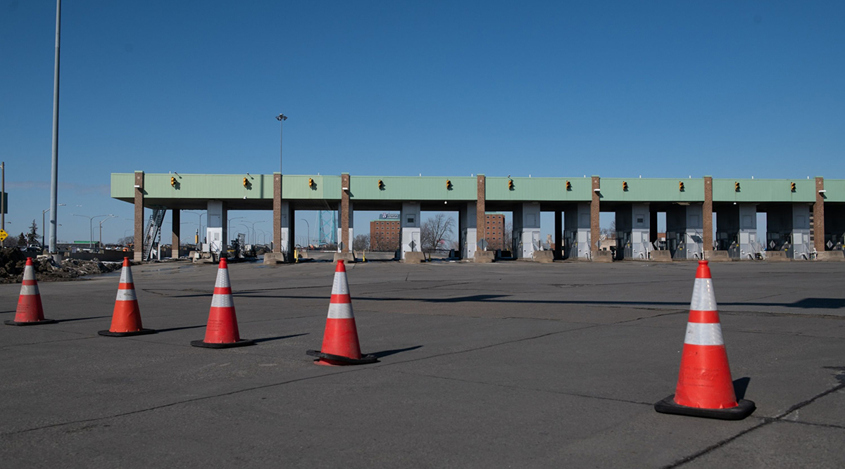 An empty border crossing to the Ambassador Bridge Feb. 9