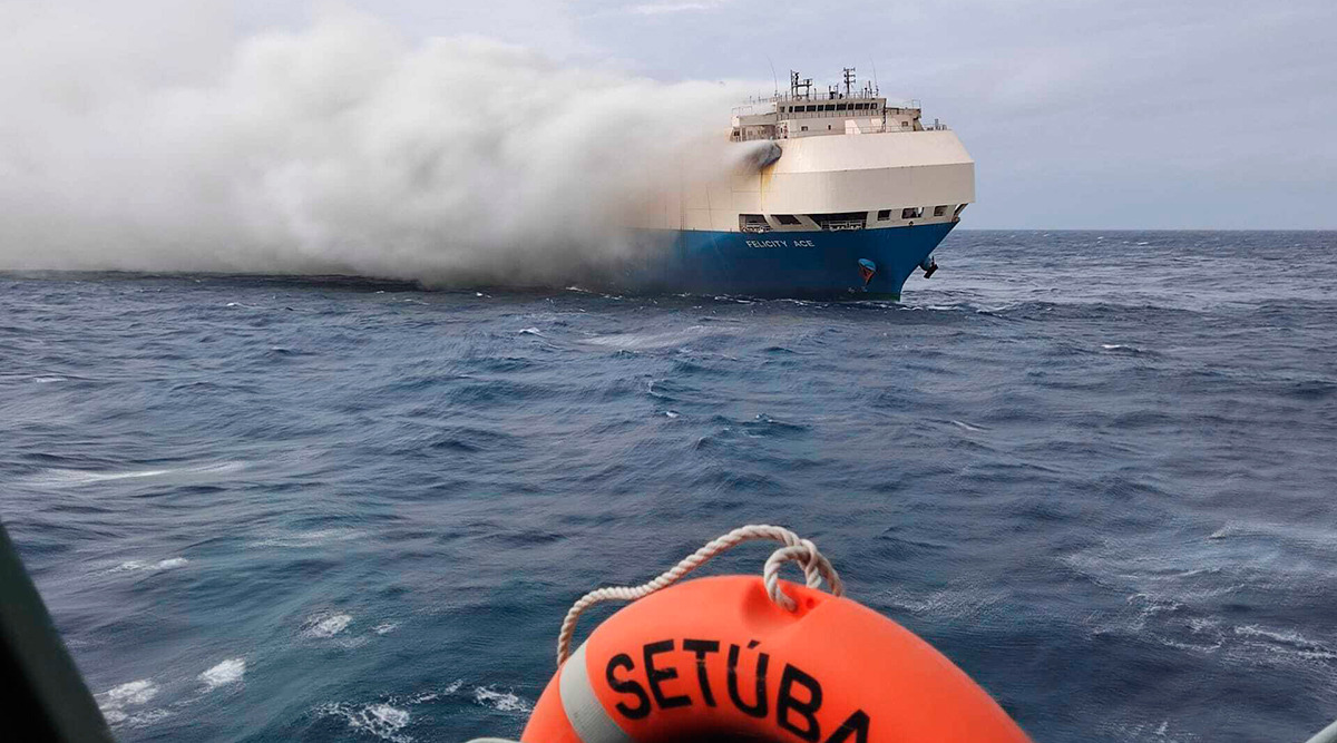 Smoke billows from the burning Felicity Ace car transport ship