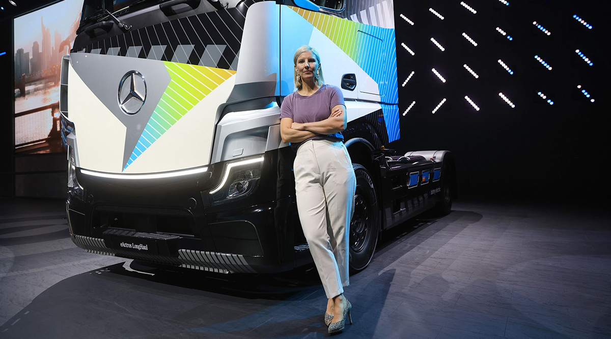 Karin Radstrom unveils the Mercedes-Benz eActros LongHaul electric truck in Hannover.