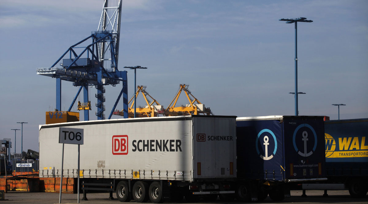 A freight truck operated by DB Schenker stands at the Port of Helsinki in Finland.