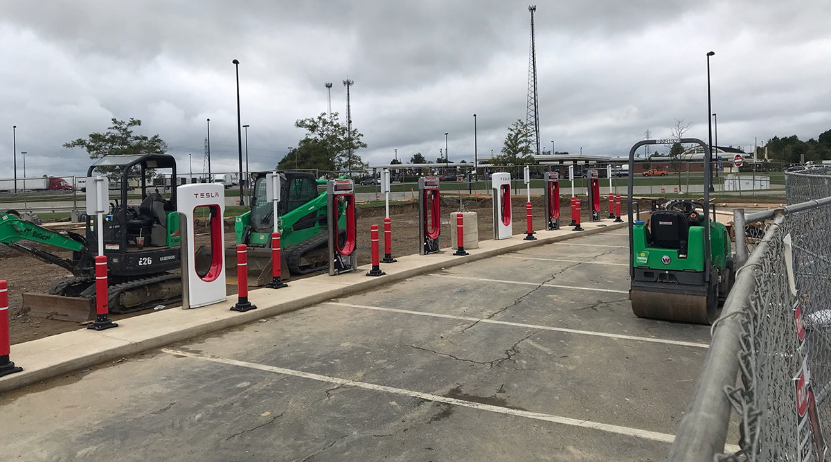 AV EV charging station under construction at an Ohio service plaza on the Ohio Turnpike