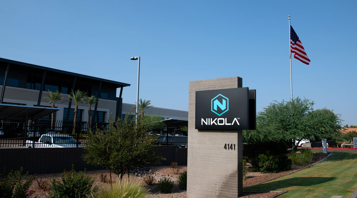 Signage is displayed outside Nikola's headquarters in Phoenix on Sept. 15.
