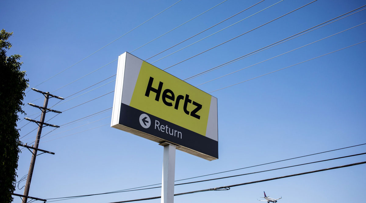 Hertz signage is displayed outside a location in Los Angeles.