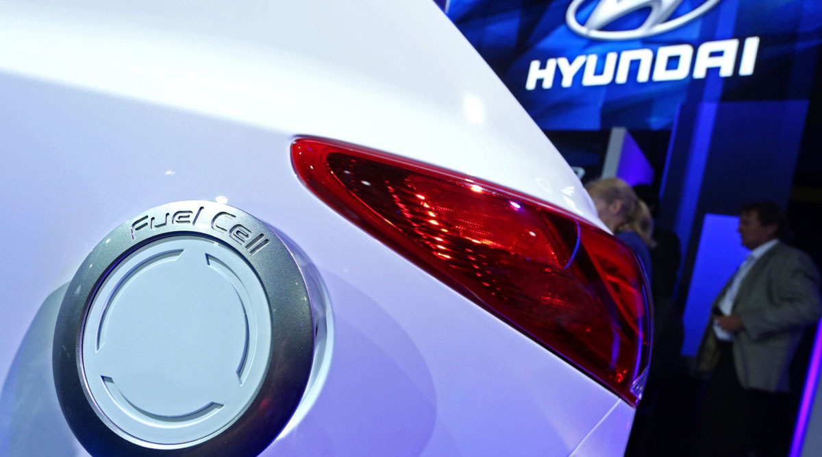 A hydrogen tank cover is seen on the Hyundai Tucson Fuel Cell vehicle.