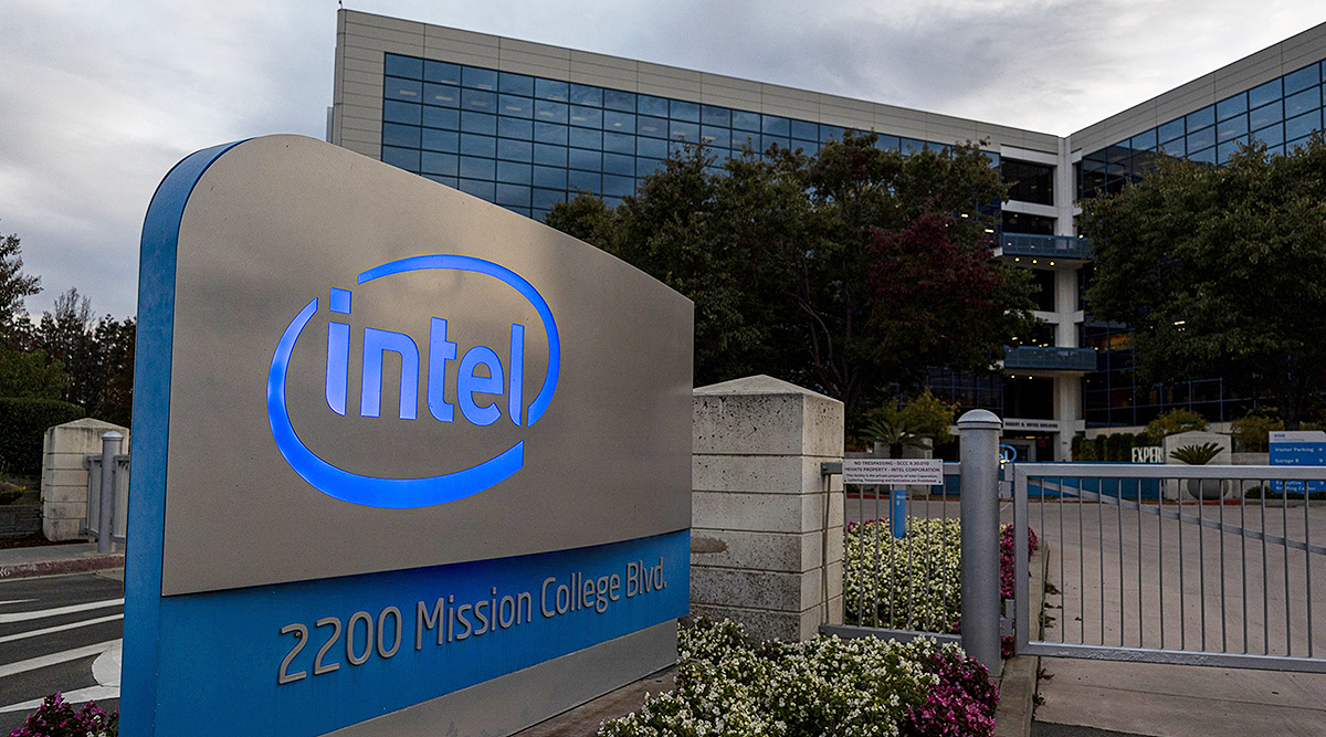 Signage at the entrance to the Intel headquarters in Santa Clara, Calif.