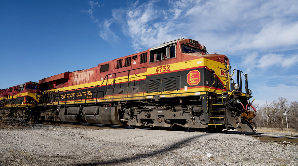 A Kansas City Southern Railway locomotive passes through Knoche Yard in Kansas City, Mo.