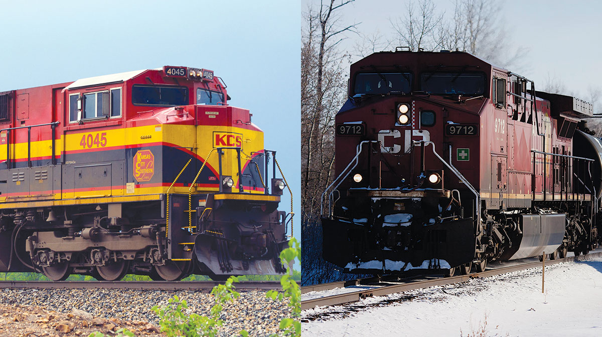 Kansas City Southern train (left) and Canadian Pacific train)