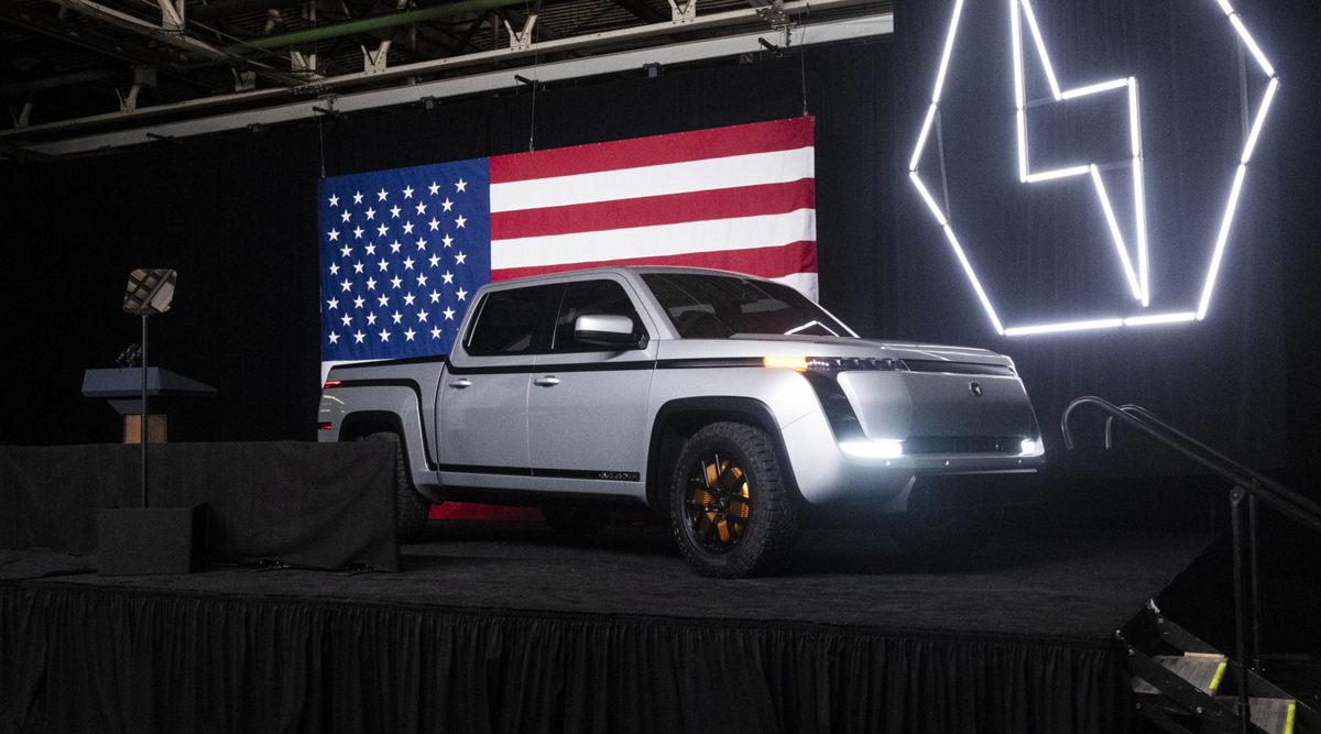 The Lordstown Motors Endurance electric pickup truck sits on stage. (Matthew Hatcher/Bloomberg News)