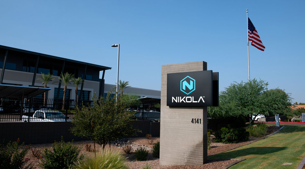 Signage is displayed outside Nikola Corp. headquarters in Phoenix on Sept. 15.
